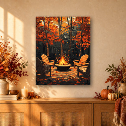 Tableau peinture par numéro Feu de Camp en Forêt accroché dans un intérieur décoré, Maison Artsen