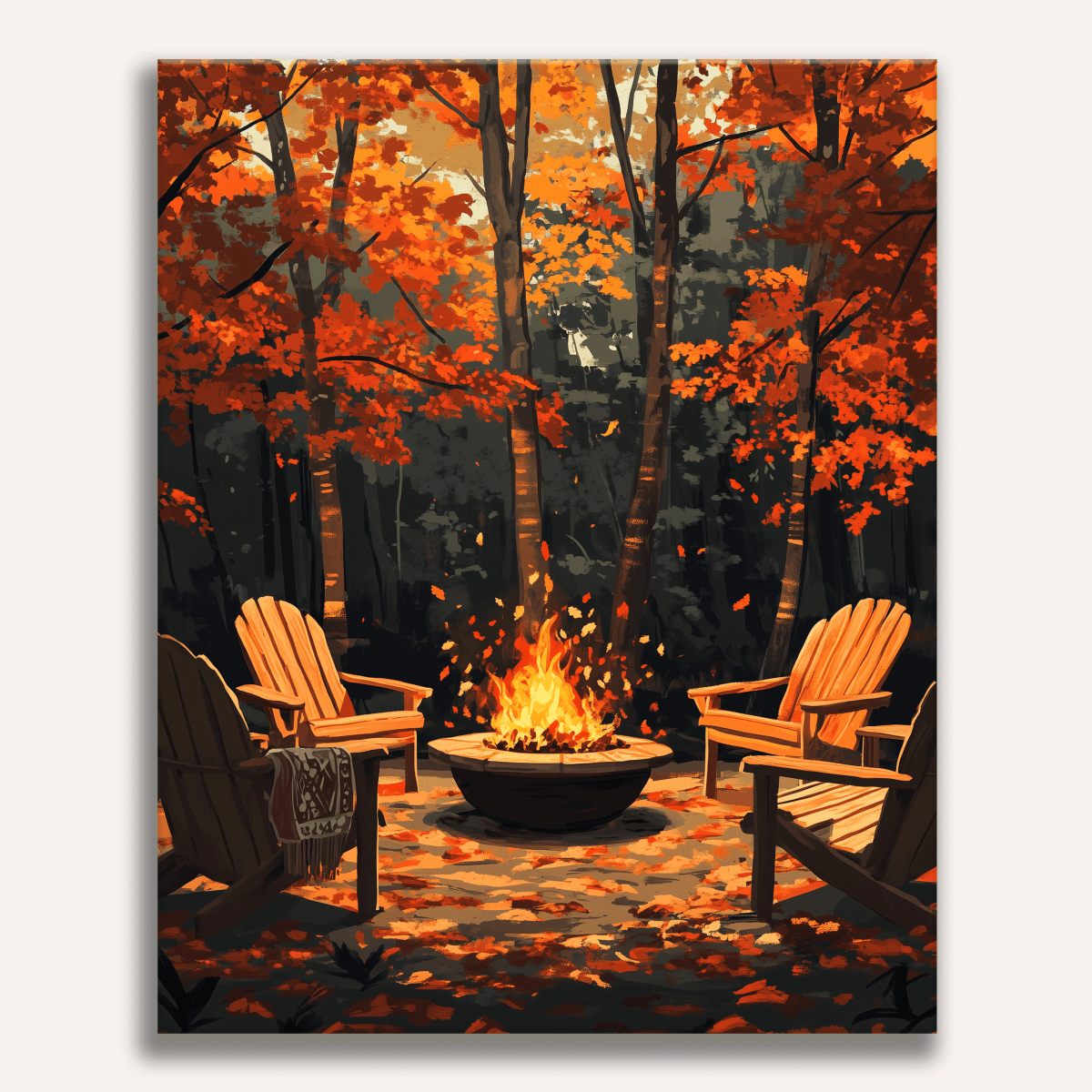 Peinture par numéro adulte Feu de Camp en Forêt, visuel complet du design sur toile, Maison Artsen