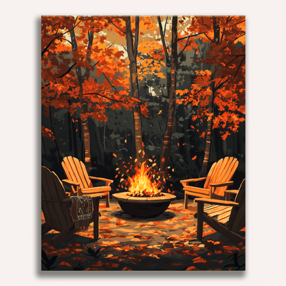 Peinture par numéro adulte Feu de Camp en Forêt, visuel complet du design sur toile, Maison Artsen