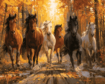 Peinture par numéro Chevaux Sauvages en Automne, a plat — Maison Artsen