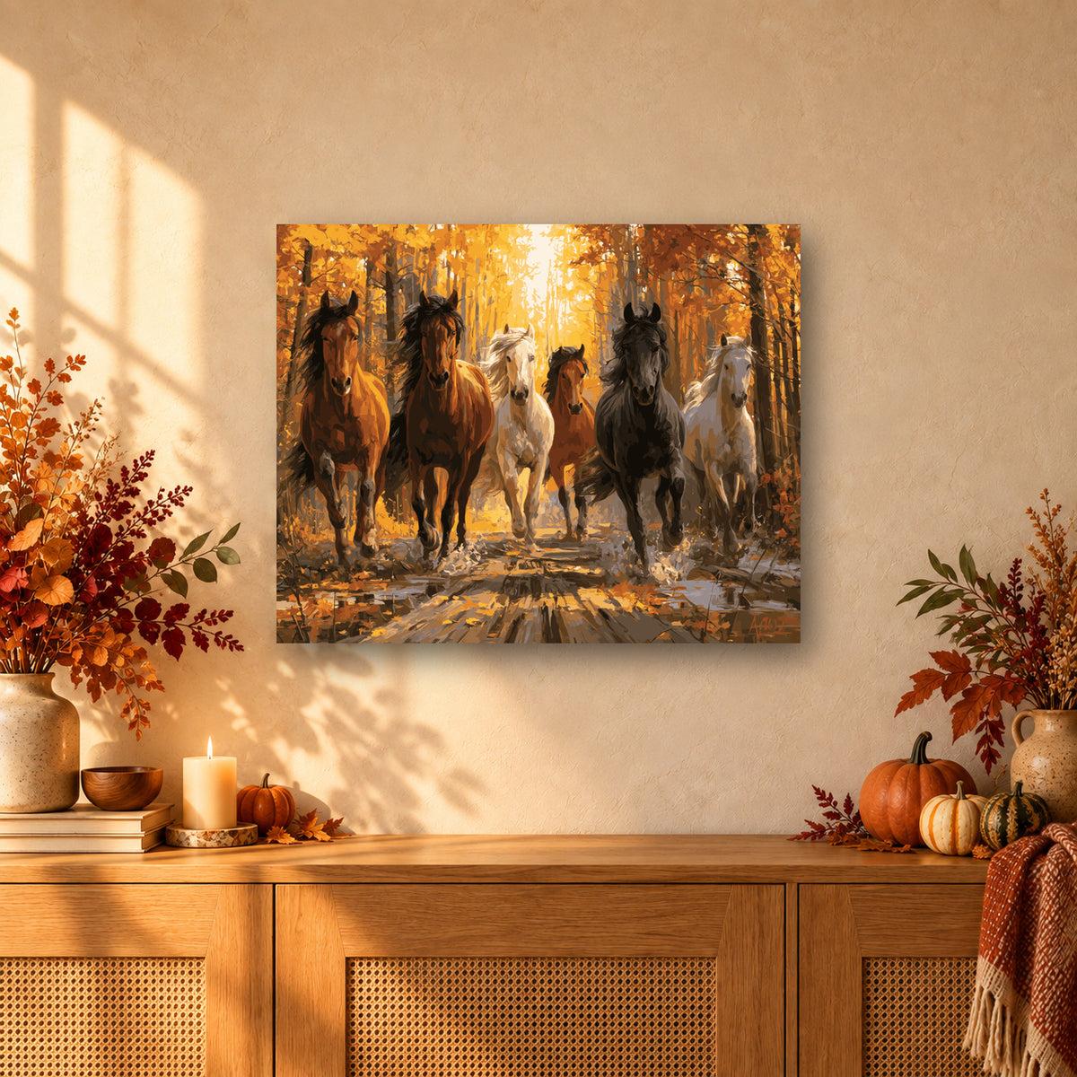 Tableau peinture par numéro Chevaux Sauvages en Automne accroché dans un intérieur décoré, Maison Artsen