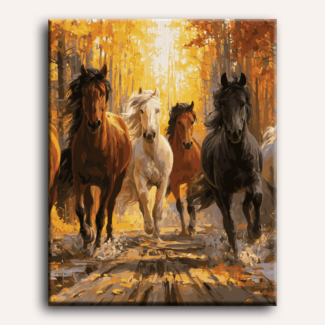 Peinture par numéro adulte Chevaux Sauvages en Automne, visuel complet du design sur toile, Maison Artsen