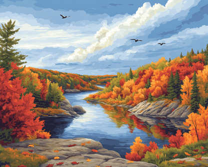 Peinture par numéro Rivière aux Collines d'Automne, a plat — Maison Artsen