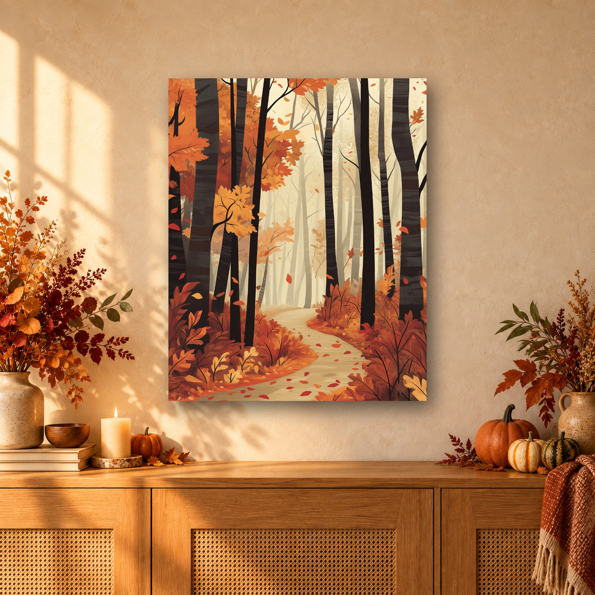 Tableau peinture par numéro Chemin des Bois d'Automne accroché dans un intérieur décoré, Maison Artsen