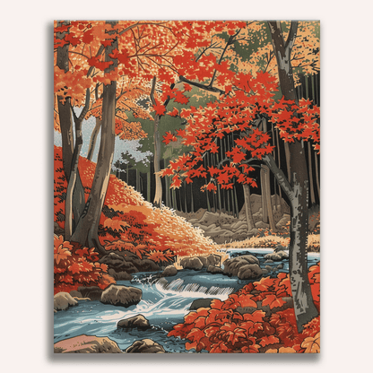 Peinture par numéro adulte Ruisseau sous les Érables Rouges, visuel complet du design sur toile, Maison Artsen