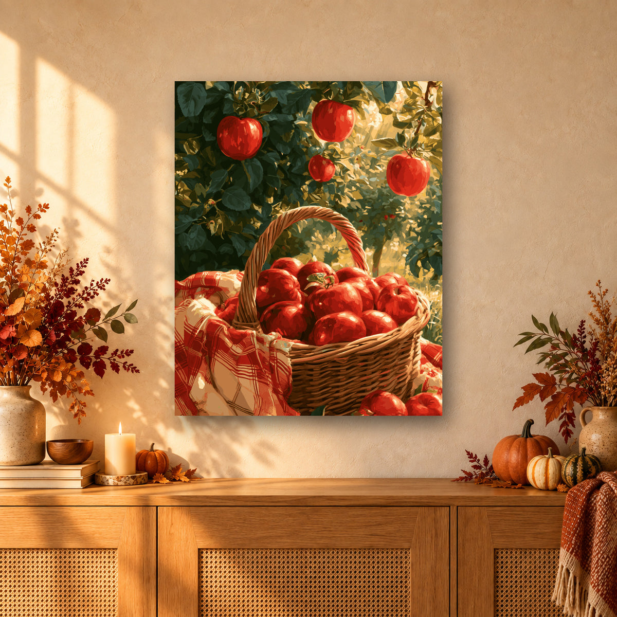 Tableau peinture par numéro Récolte de Pommes accroché dans un intérieur décoré, Maison Artsen