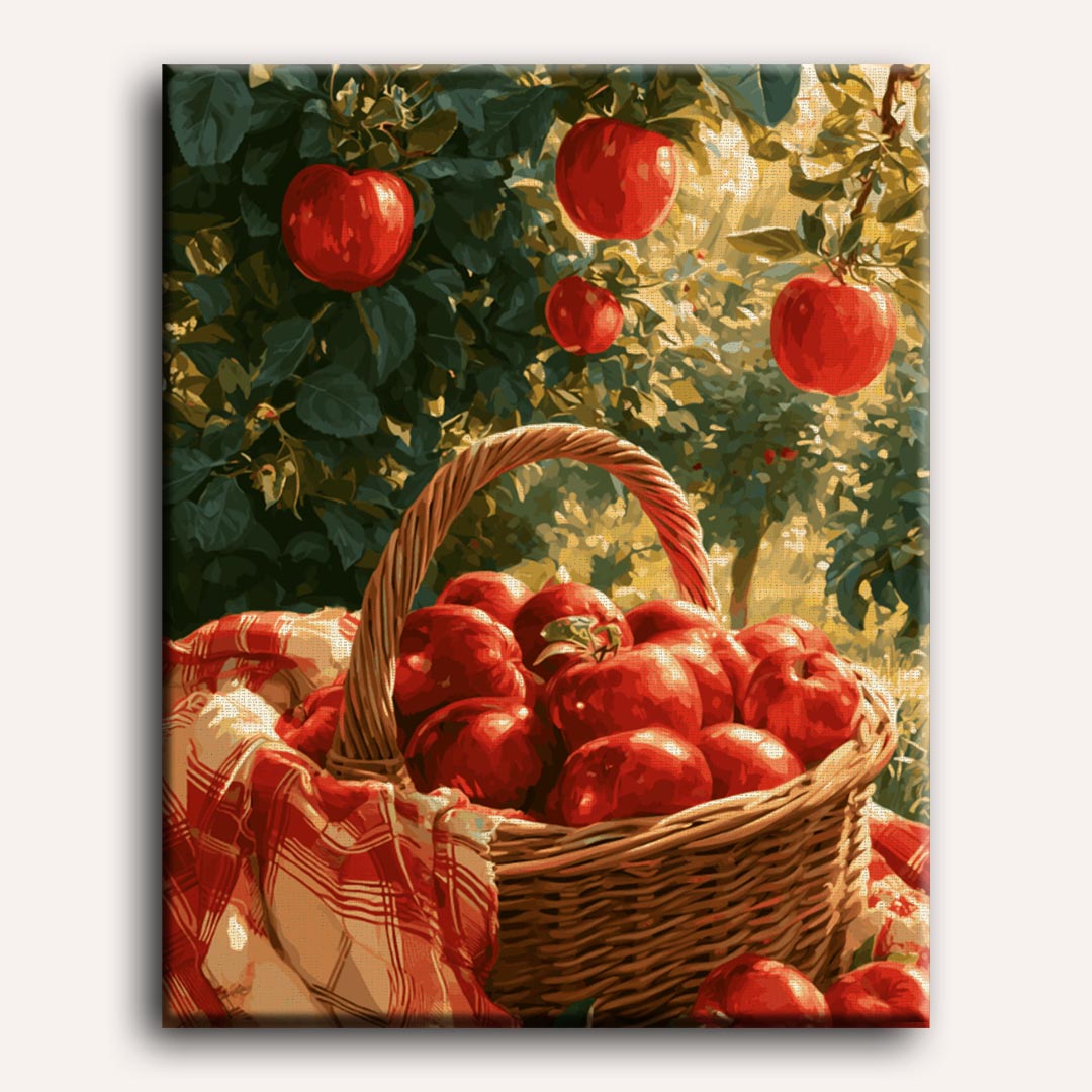 Peinture par numéro adulte Récolte de Pommes, visuel complet du design sur toile, Maison Artsen