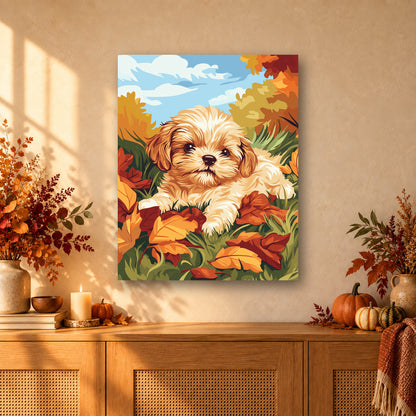 Tableau peinture par numéro Chiot dans les Feuilles accroché dans un intérieur décoré, Maison Artsen