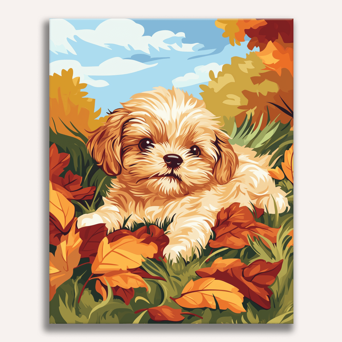 Peinture par numéro adulte Chiot dans les Feuilles, visuel complet du design sur toile, Maison Artsen