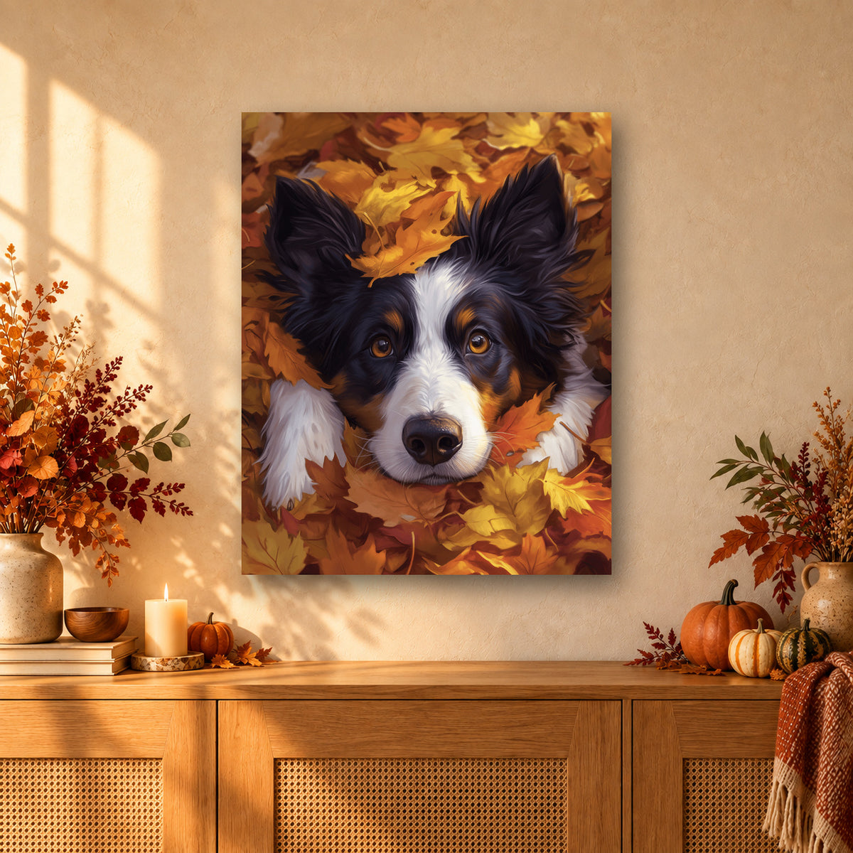 Tableau peinture par numéro Chien Caché sous les Feuilles accroché dans un intérieur décoré, Maison Artsen