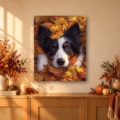 Tableau peinture par numéro Chien Caché sous les Feuilles accroché dans un intérieur décoré, Maison Artsen