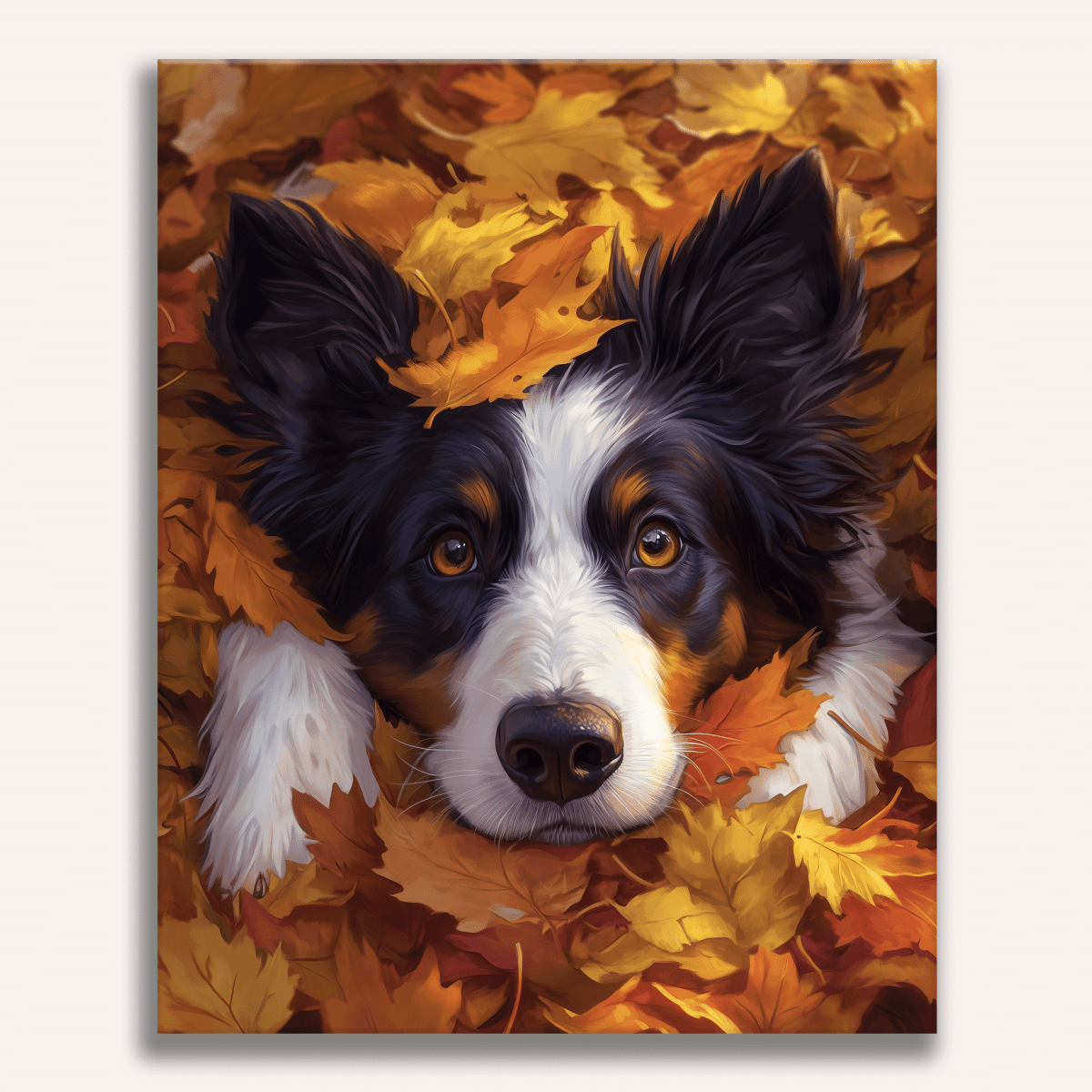 Peinture par numéro adulte Chien Caché sous les Feuilles, visuel complet du design sur toile, Maison Artsen