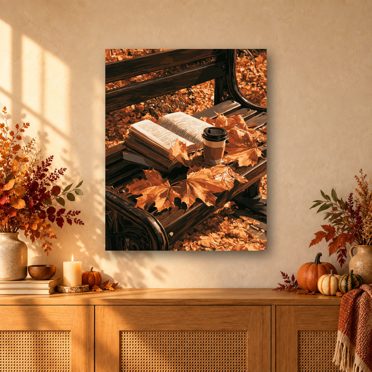 Tableau peinture par numéro Lecture sur un Banc d'Automne accroché dans un intérieur décoré, Maison Artsen