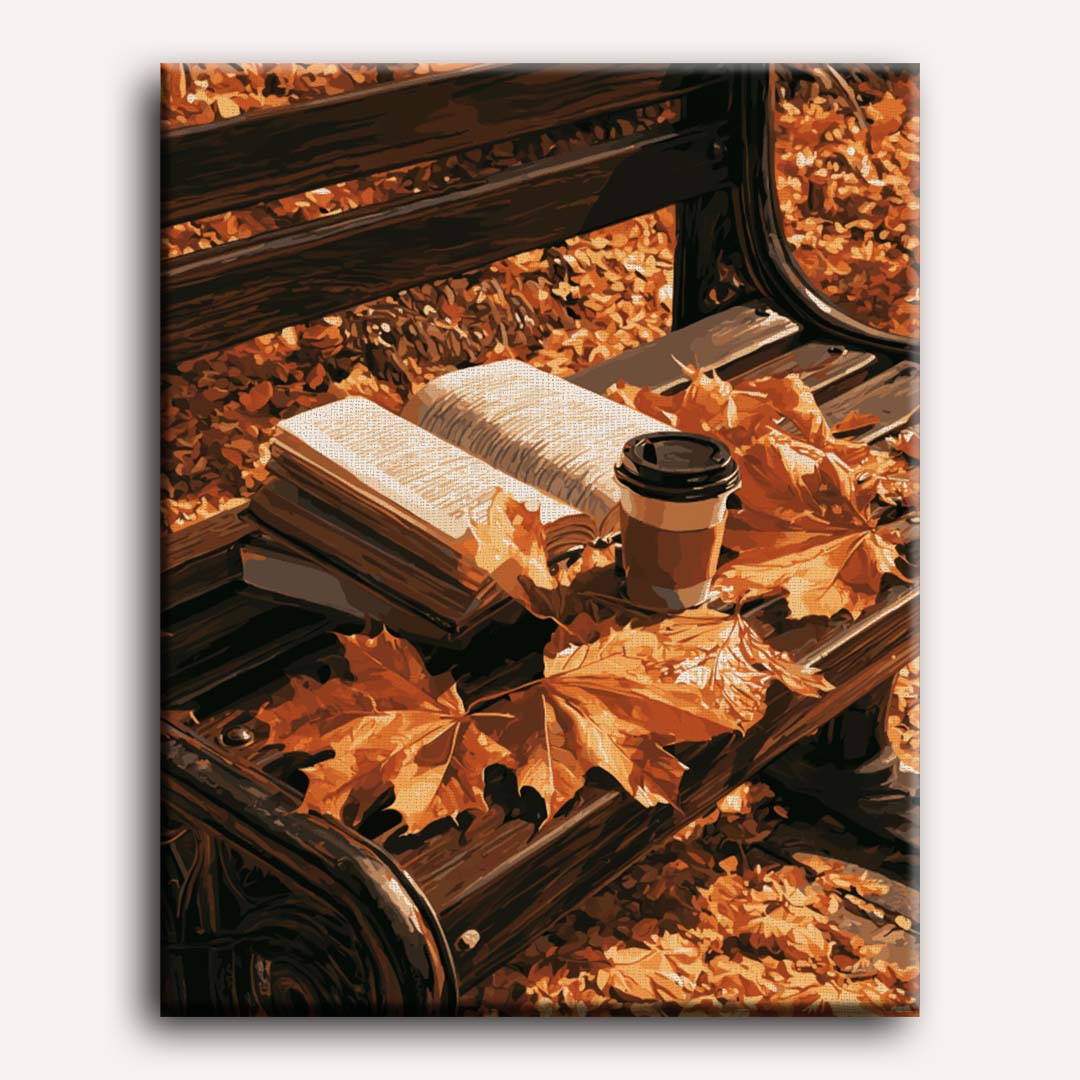 Peinture par numéro adulte Lecture sur un Banc d'Automne, visuel complet du design sur toile, Maison Artsen