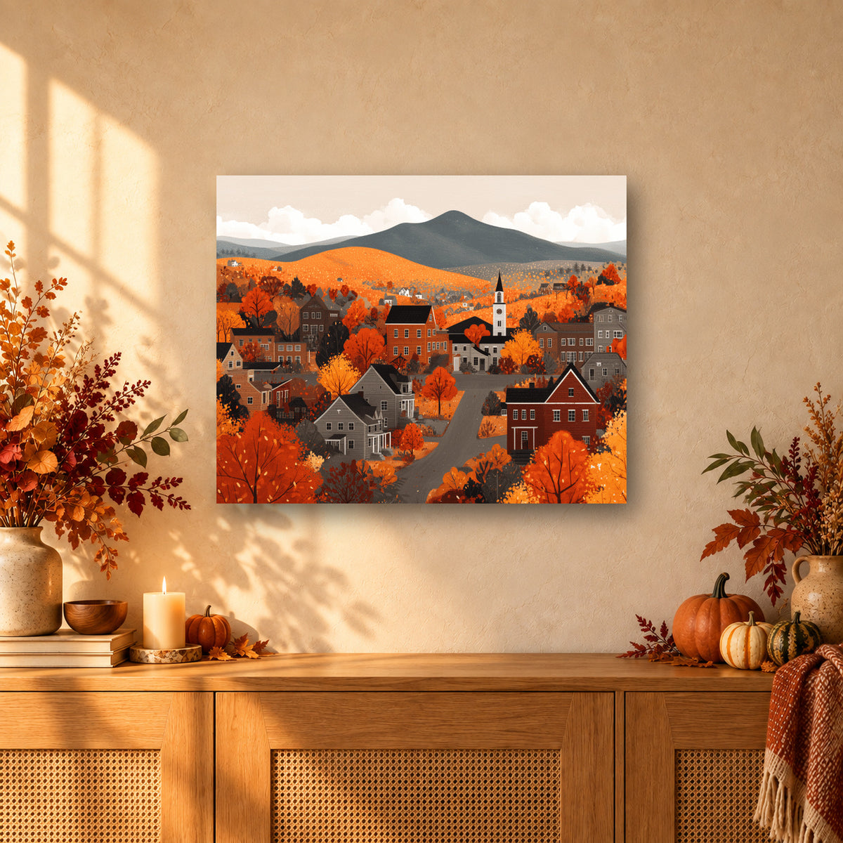 Tableau peinture par numéro Collines d'Automne accroché dans un intérieur décoré, Maison Artsen