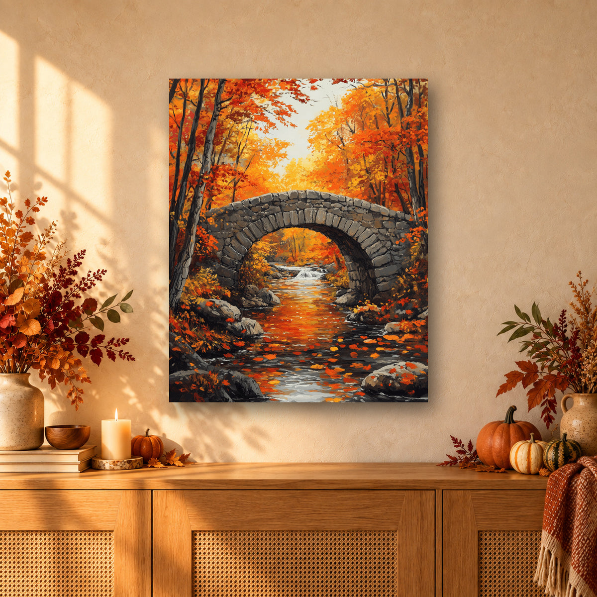 Tableau peinture par numéro Vieux Pont de Pierre accroché dans un intérieur décoré, Maison Artsen