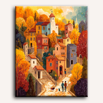 Peinture par numéro adulte Village Doré, visuel complet du design sur toile, Maison Artsen
