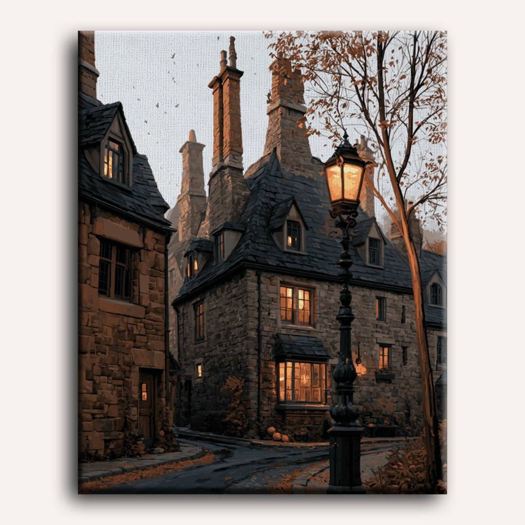 Peinture par numéro adulte Ruelle aux Maisons de Pierre, visuel complet du design sur toile, Maison Artsen
