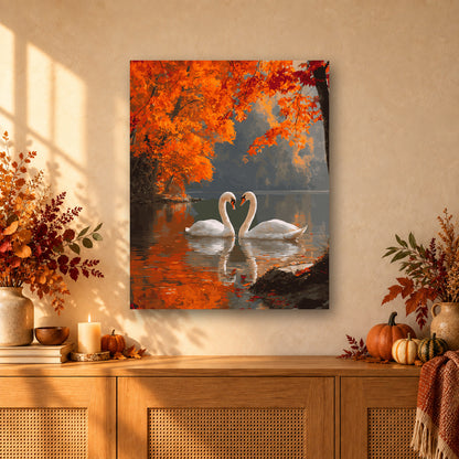 Tableau peinture par numéro Cygnes d'Automne accroché dans un intérieur décoré, Maison Artsen
