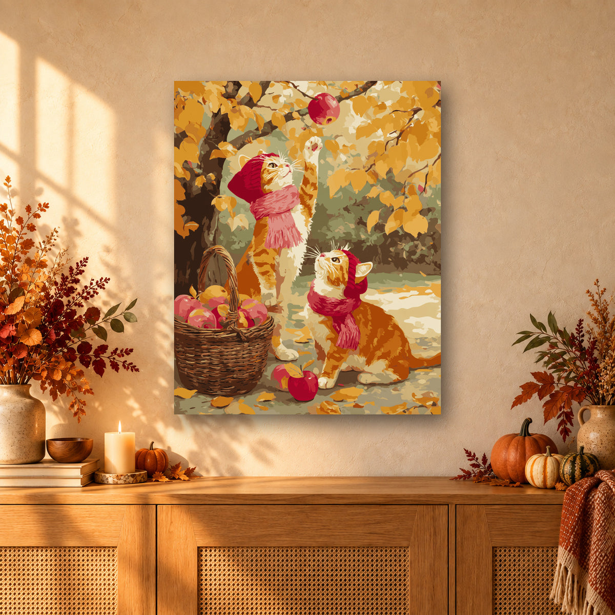 Tableau peinture par numéro Chatons à la Cueillette accroché dans un intérieur décoré, Maison Artsen