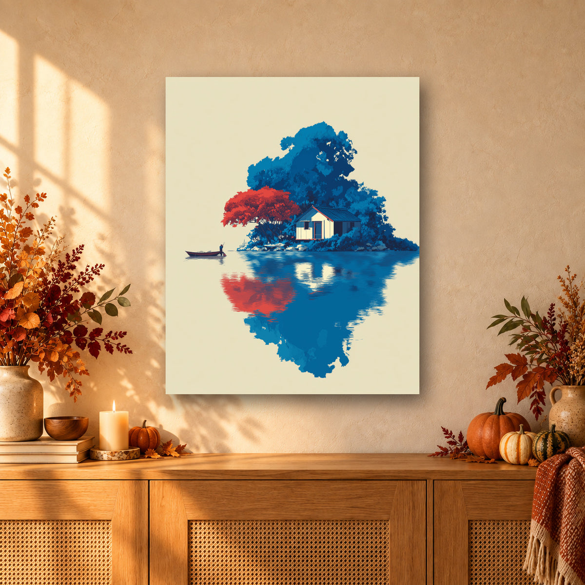 Tableau peinture par numéro Refuge sur le Lac accroché dans un intérieur décoré, Maison Artsen