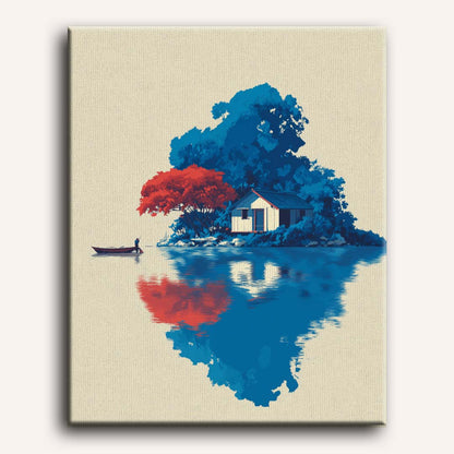 Peinture par numéro adulte Refuge sur le Lac, visuel complet du design sur toile, Maison Artsen