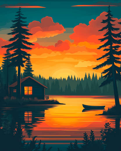 Peinture par numéro Cabane au Crépuscule, a plat — Maison Artsen
