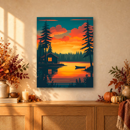 Tableau peinture par numéro Cabane au Crépuscule accroché dans un intérieur décoré, Maison Artsen