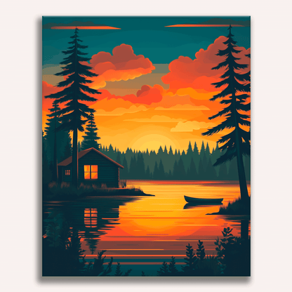 Peinture par numéro adulte Cabane au Crépuscule, visuel complet du design sur toile, Maison Artsen