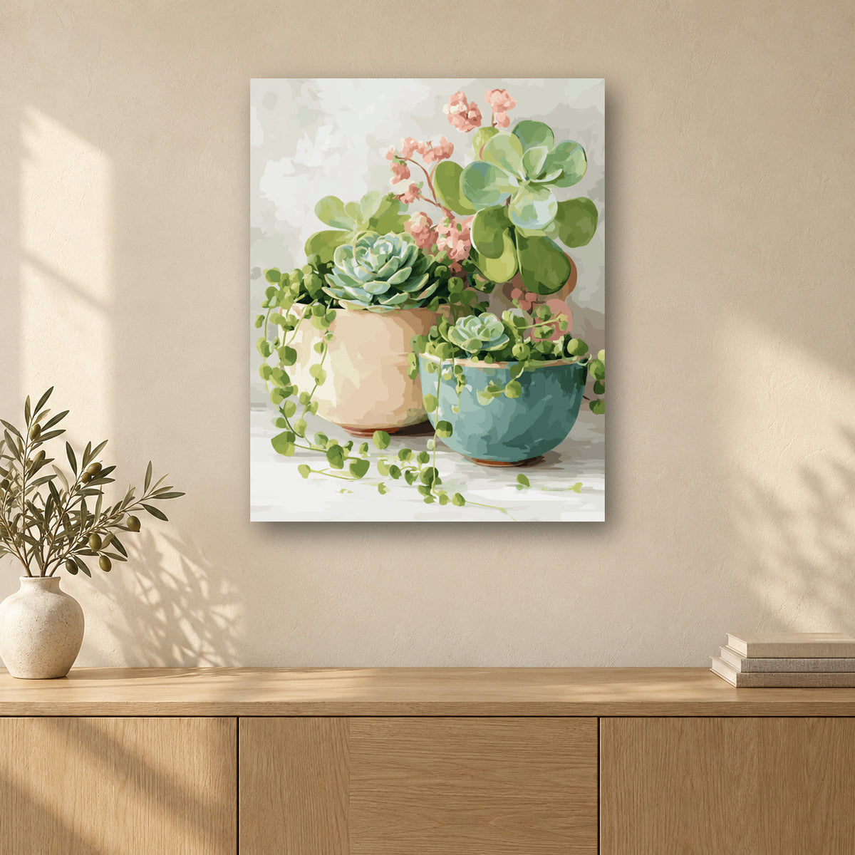 Tableau peinture par numéro Succulentes de Printemps accroché dans un intérieur décoré, Maison Artsen