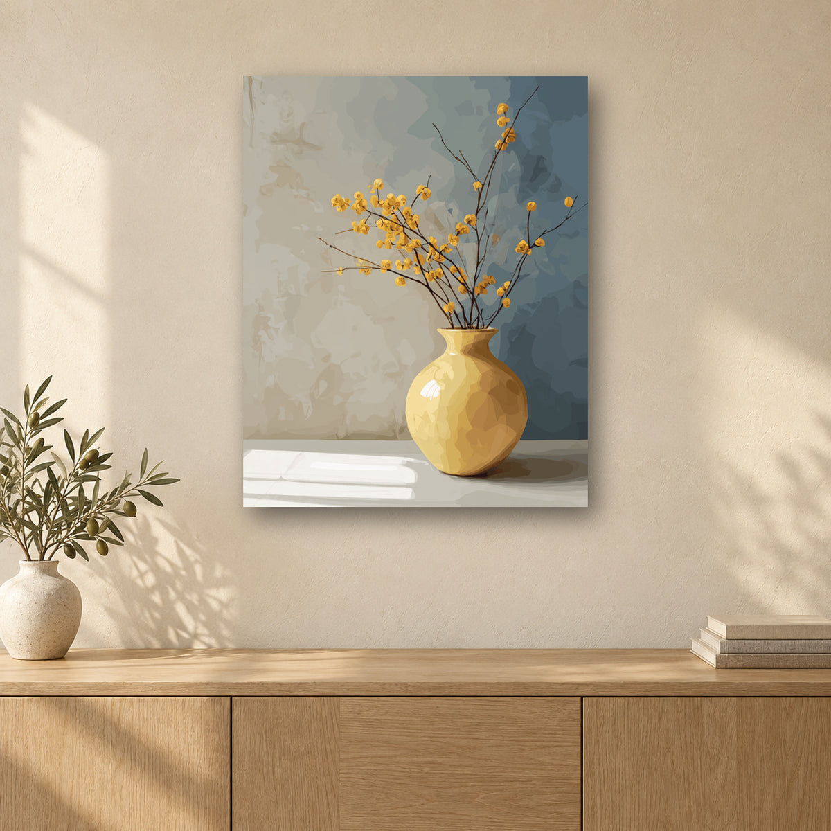 Tableau peinture par numéro Vase Doré accroché dans un intérieur décoré, Maison Artsen