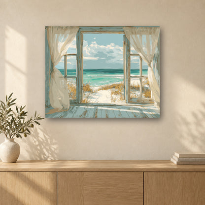 Tableau peinture par numéro Fenêtre sur les Dunes accroché dans un intérieur décoré, Maison Artsen