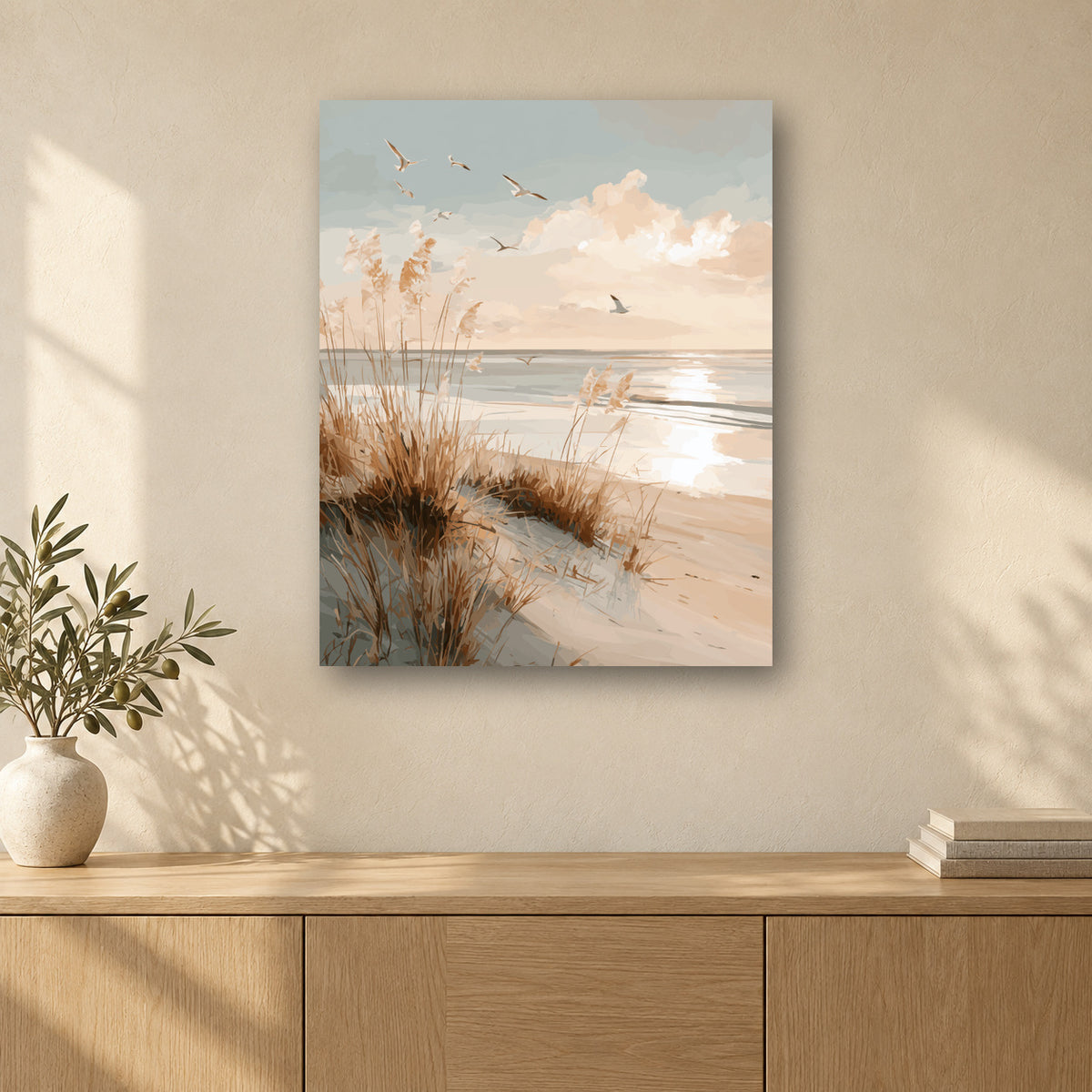 Tableau peinture par numéro Dunes Dorées accroché dans un intérieur décoré, Maison Artsen