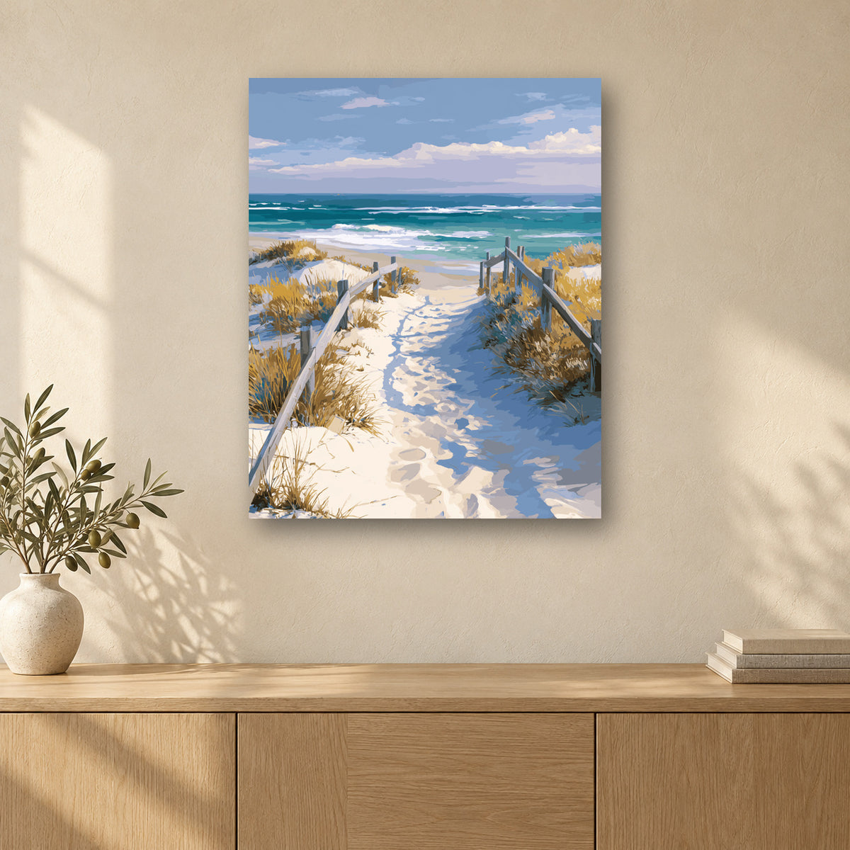 Tableau peinture par numéro Chemin vers la Plage accroché dans un intérieur décoré, Maison Artsen