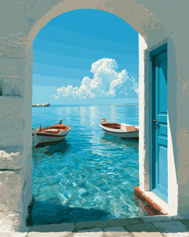 Peinture par numéro adulte Porte sur la Méditerranée, visuel complet du design sur toile, Maison Artsen