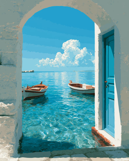 Peinture par numéro adulte Porte sur la Méditerranée, visuel complet du design sur toile, Maison Artsen