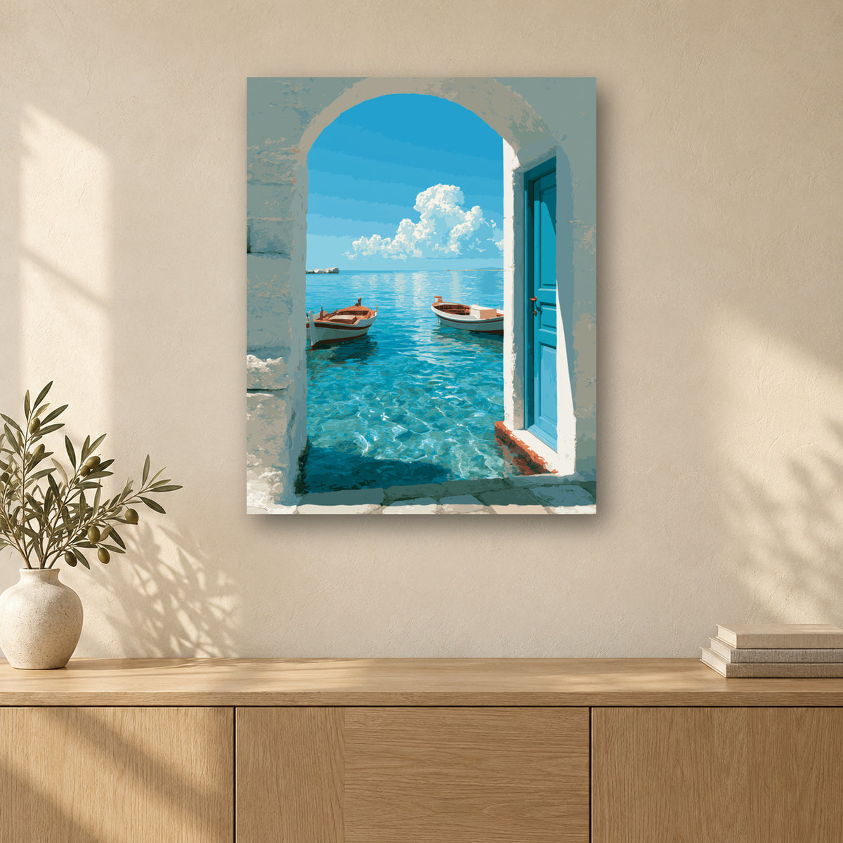 Tableau peinture par numéro Porte sur la Méditerranée accroché dans un intérieur décoré, Maison Artsen