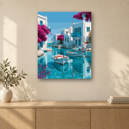 Tableau peinture par numéro Port Blanc aux Bougainvilliers accroché dans un intérieur décoré, Maison Artsen