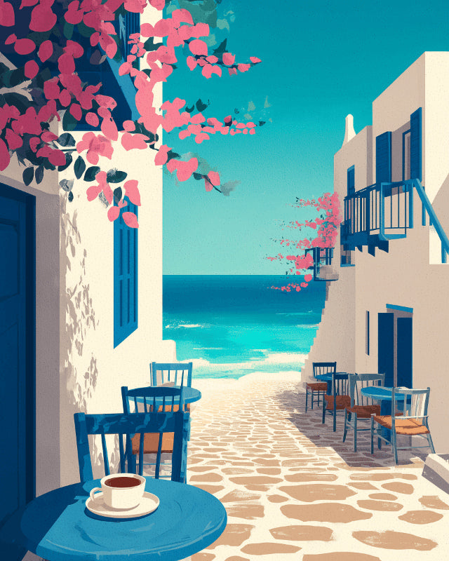 Peinture par numéro adulte Café Bleu sur la Ruelle, visuel complet du design sur toile, Maison Artsen