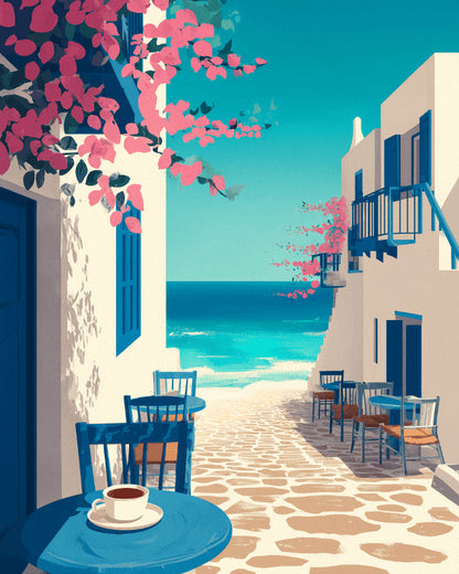 Peinture par numéro adulte Café Bleu sur la Ruelle, visuel complet du design sur toile, Maison Artsen