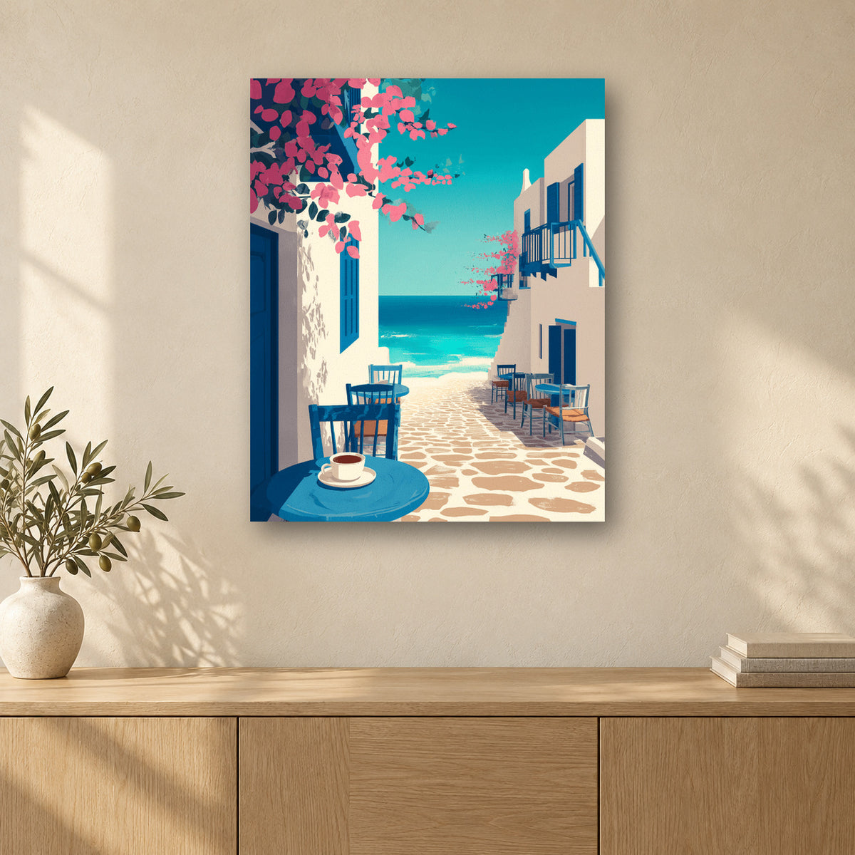 Tableau peinture par numéro Café Bleu sur la Ruelle accroché dans un intérieur décoré, Maison Artsen