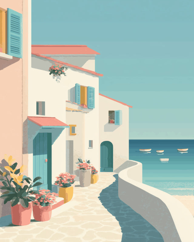 Peinture par numéro adulte Échappée Côtière, visuel complet du design sur toile, Maison Artsen