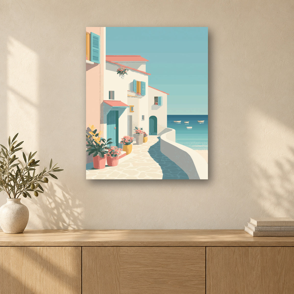 Tableau peinture par numéro Échappée Côtière accroché dans un intérieur décoré, Maison Artsen