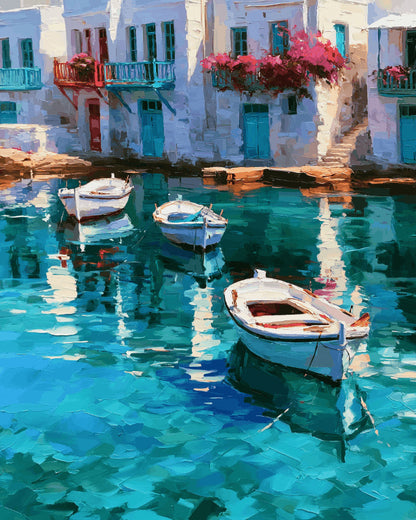 Peinture par numéro adulte Reflets des Cyclades, visuel complet du design sur toile, Maison Artsen