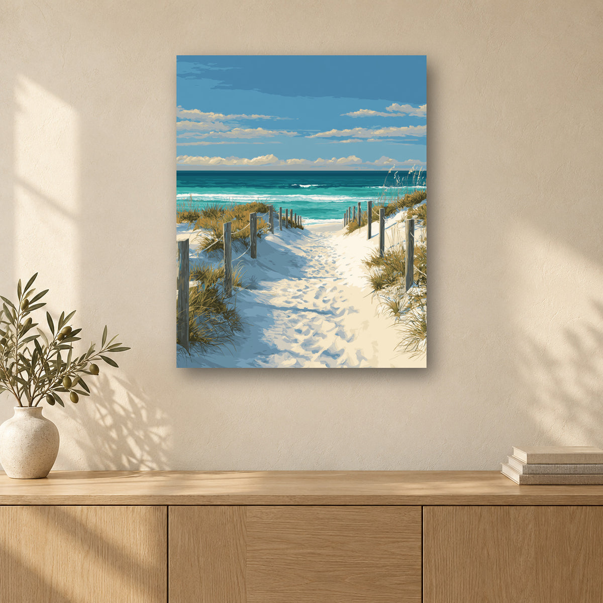 Tableau peinture par numéro Sentier de la Plage accroché dans un intérieur décoré, Maison Artsen
