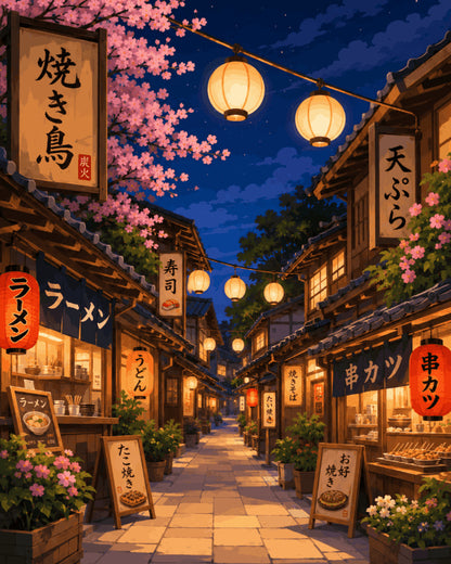 Peinture par numéro adulte Lanternes de Sakura, visuel complet du design sur toile, Maison Artsen