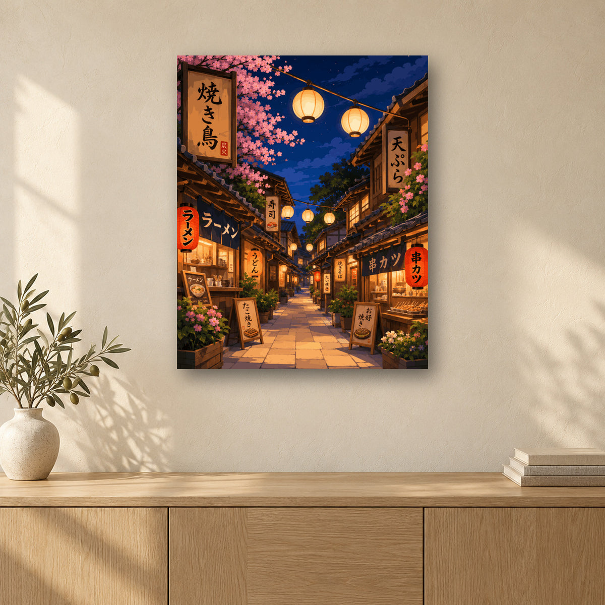 Tableau peinture par numéro Lanternes de Sakura accroché dans un intérieur décoré, Maison Artsen