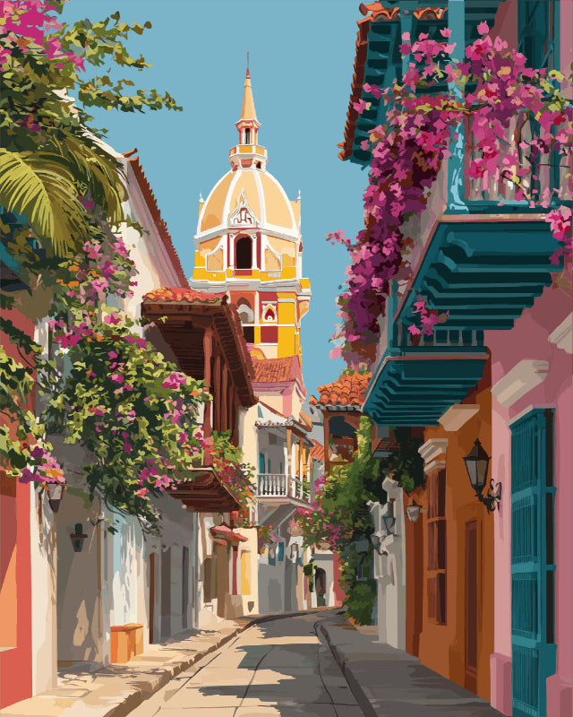 Peinture par numéro adulte Rues de Carthagène, visuel complet du design sur toile, Maison Artsen