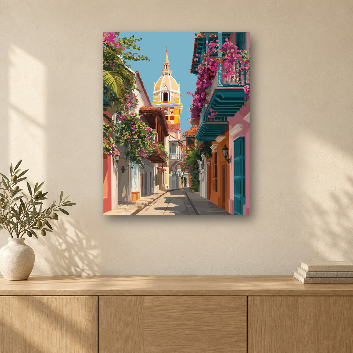 Tableau peinture par numéro Rues de Carthagène accroché dans un intérieur décoré, Maison Artsen