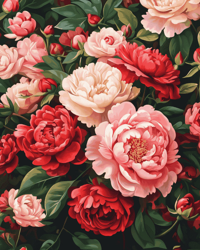 Peinture par numéro adulte Pivoines Rouges et Roses, visuel complet du design sur toile, Maison Artsen
